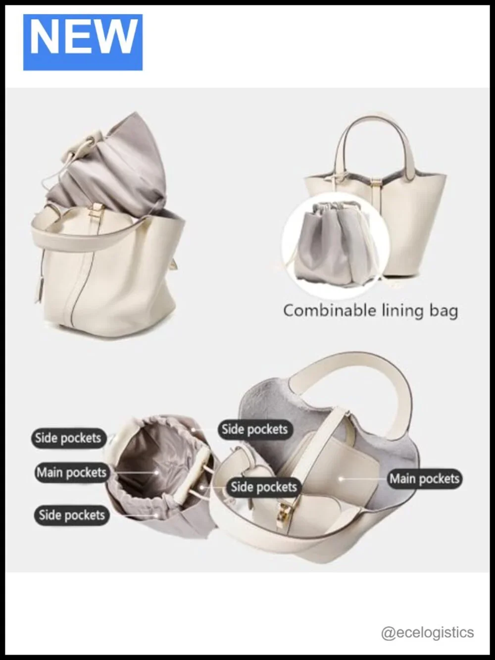 Genuine Leather Bucket Bag Top-Handle Satchel Handbag with Lock